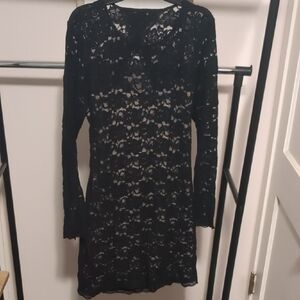 Express Black Floral Lace Long-Sleeve Dress